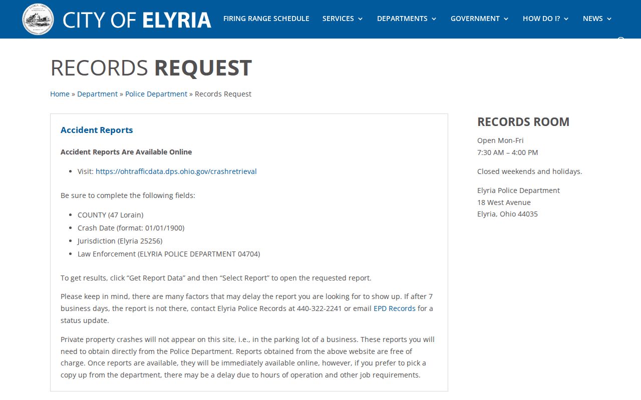 Elyria Police official records request source for Elyria arrest records