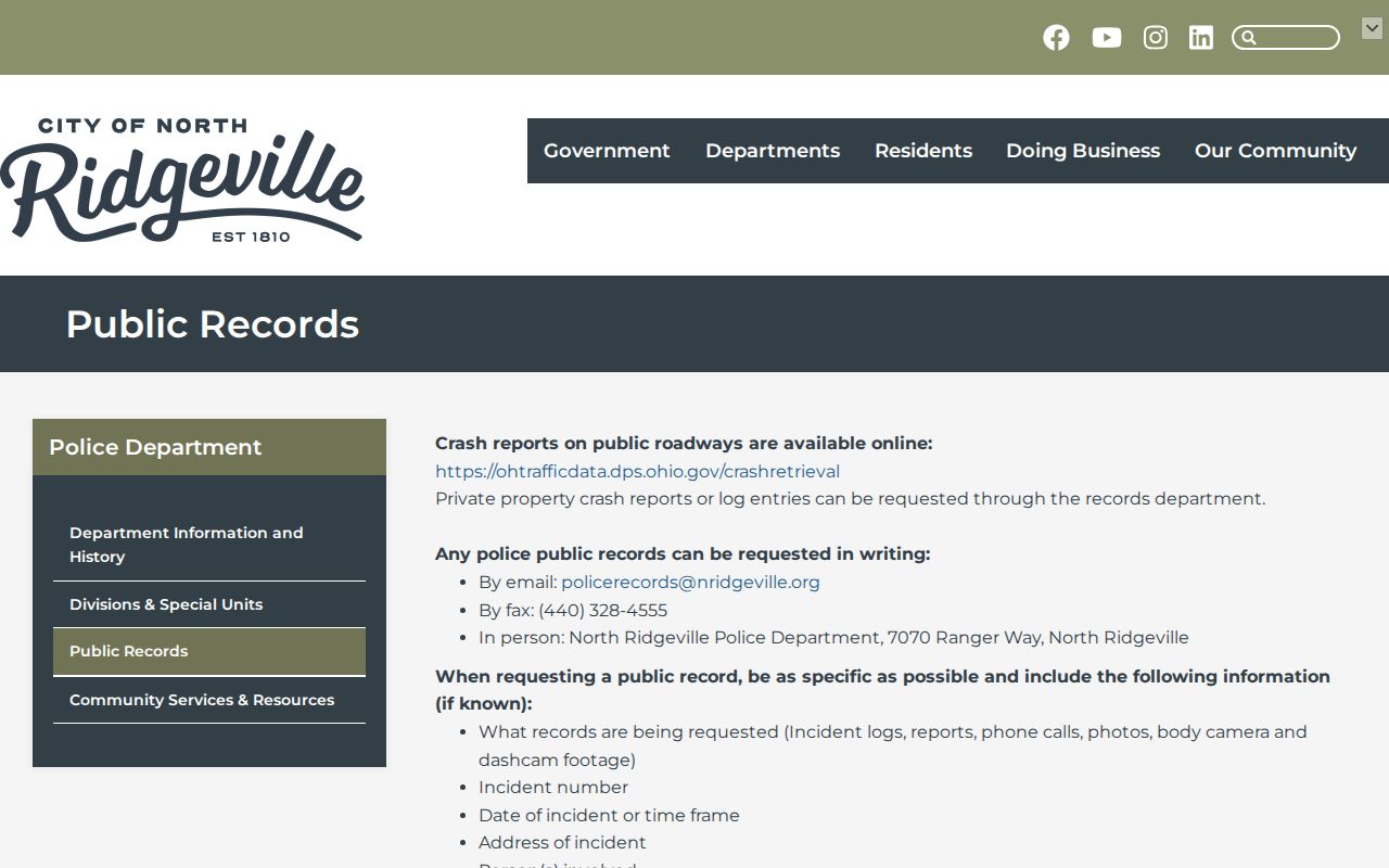 North Ridgeville Police official public records source for arrest and booking record requests